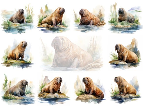 Download Cute Watercolor Walrus Clipart Image Set - Walrus Collection